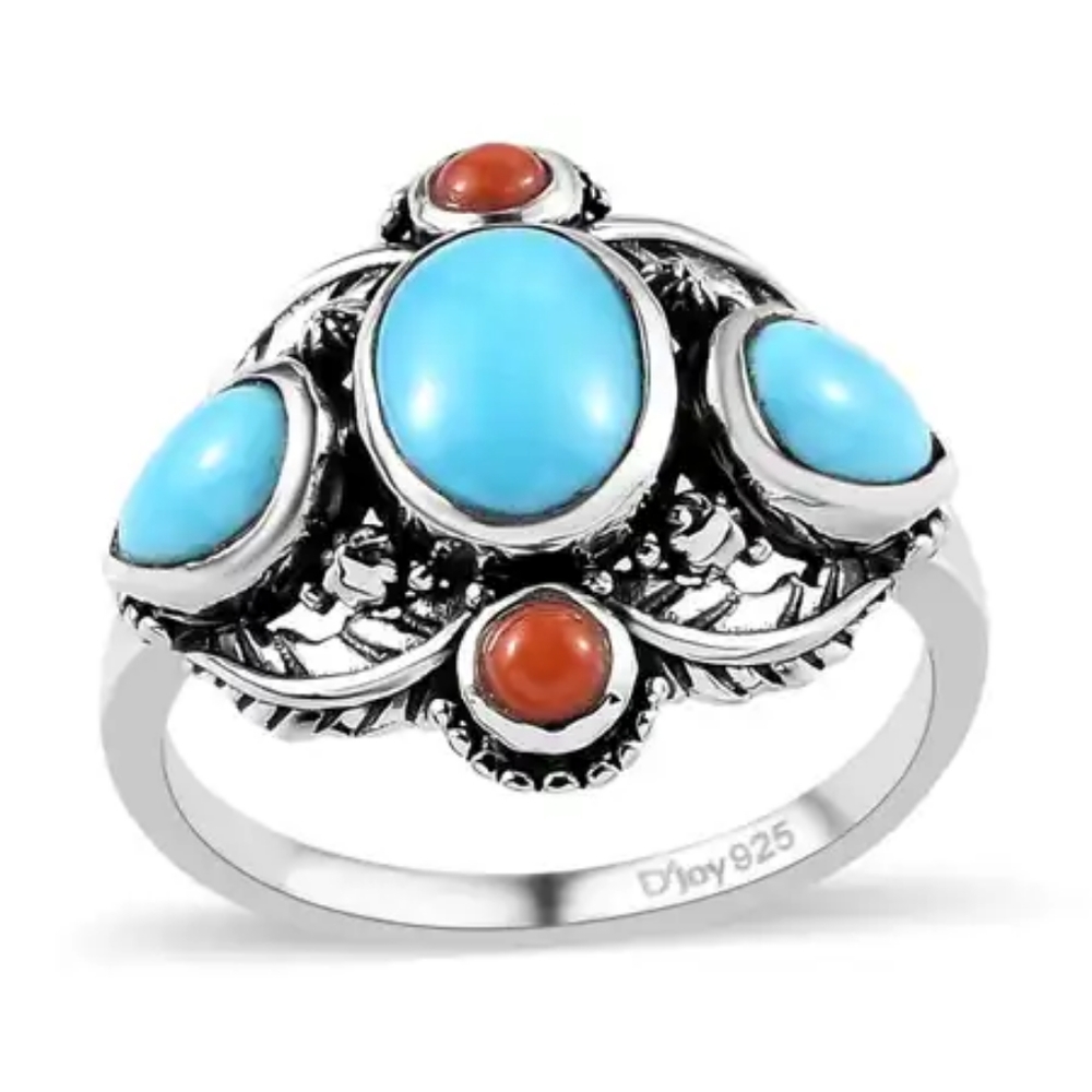 Sleeping Beauty Turquoise and Mediterranean Coral Ring in Sterling Silver